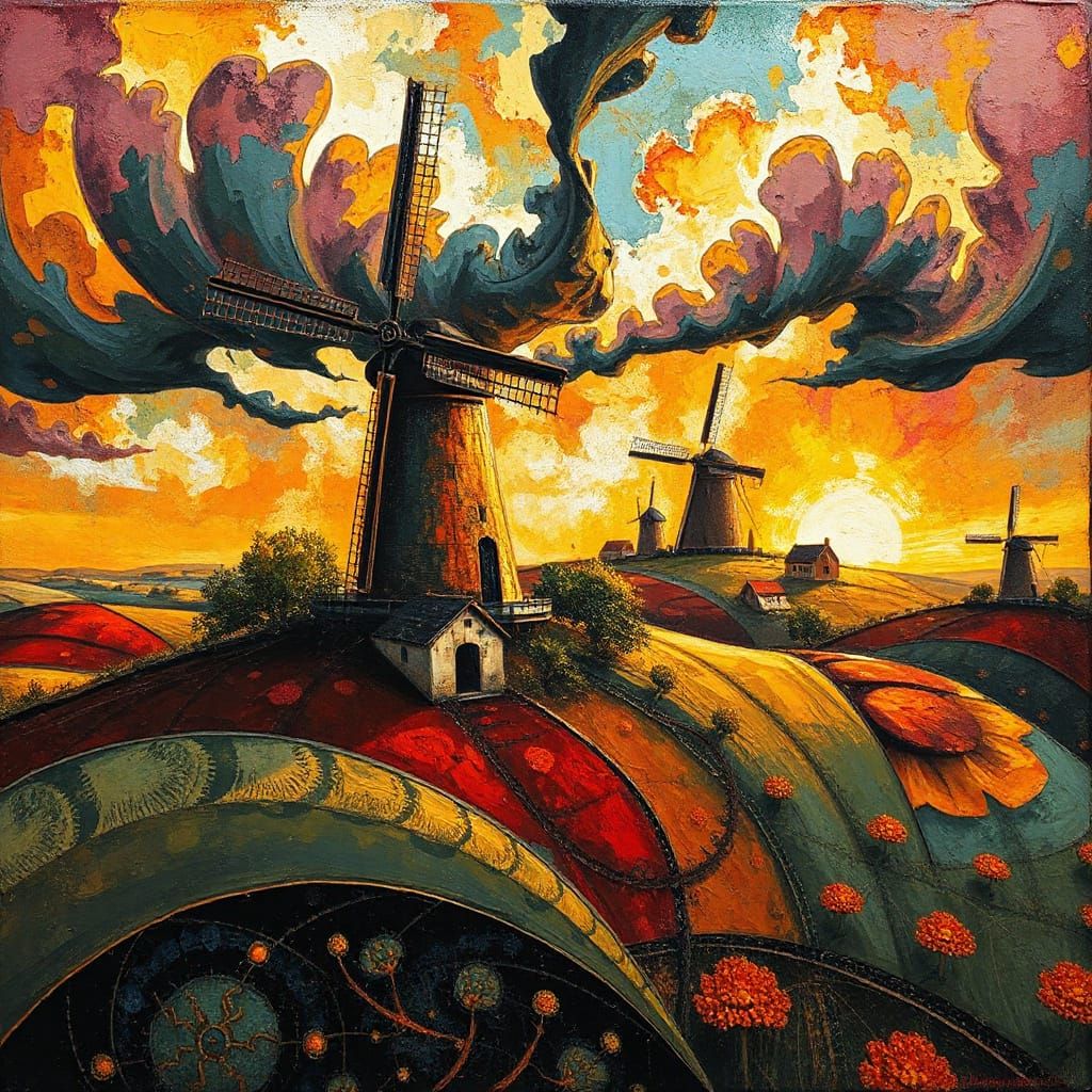 Expressionist Windmill Village with Fractal Patterns