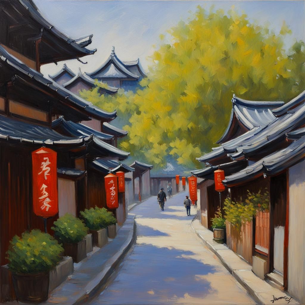 Kyoto Street Scene in Impressionist Oil Painting