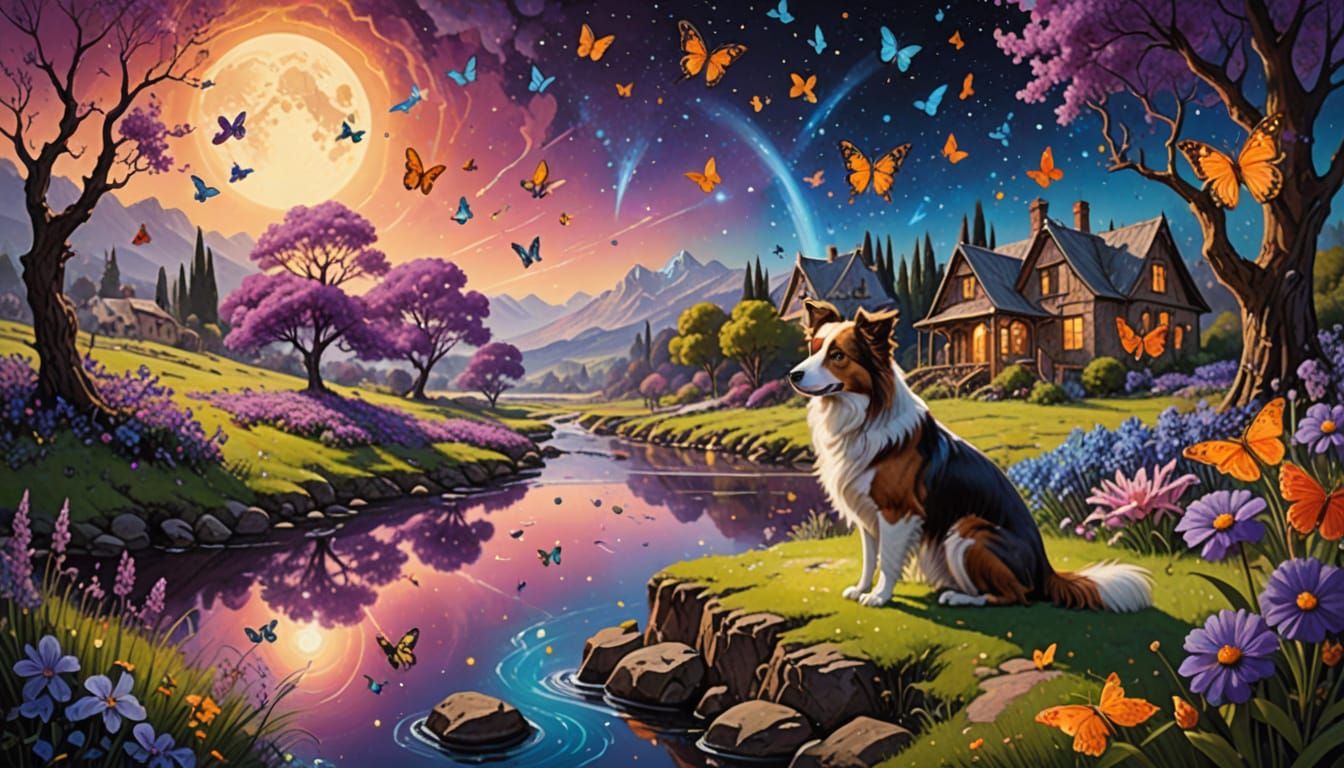 Surreal Landscape with Border Collie and Whimsical Elements