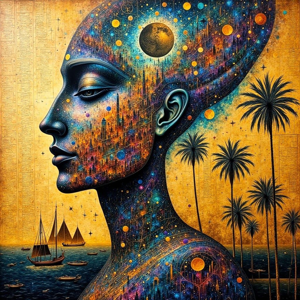 Cubist Egyptian Abstract Art with Glyphs and Portrait