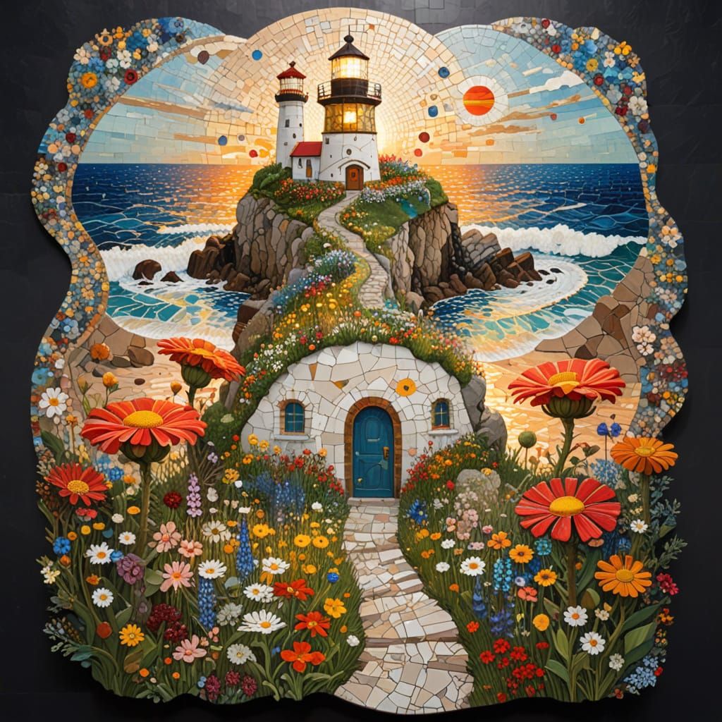 Wildflowers at Lighthouse Sunset Path in Klimt Mosaic Style