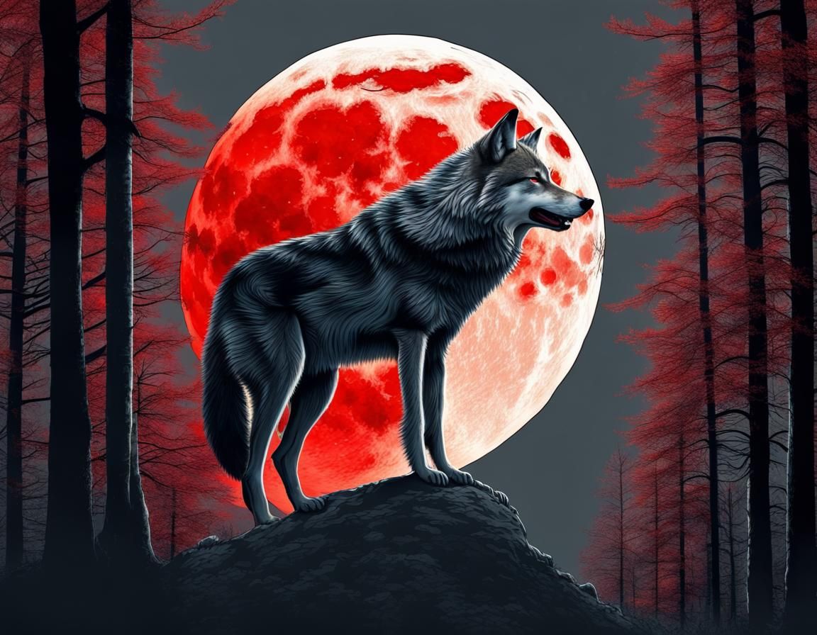 Grey Wolf and Red Moon in Dark Forest
