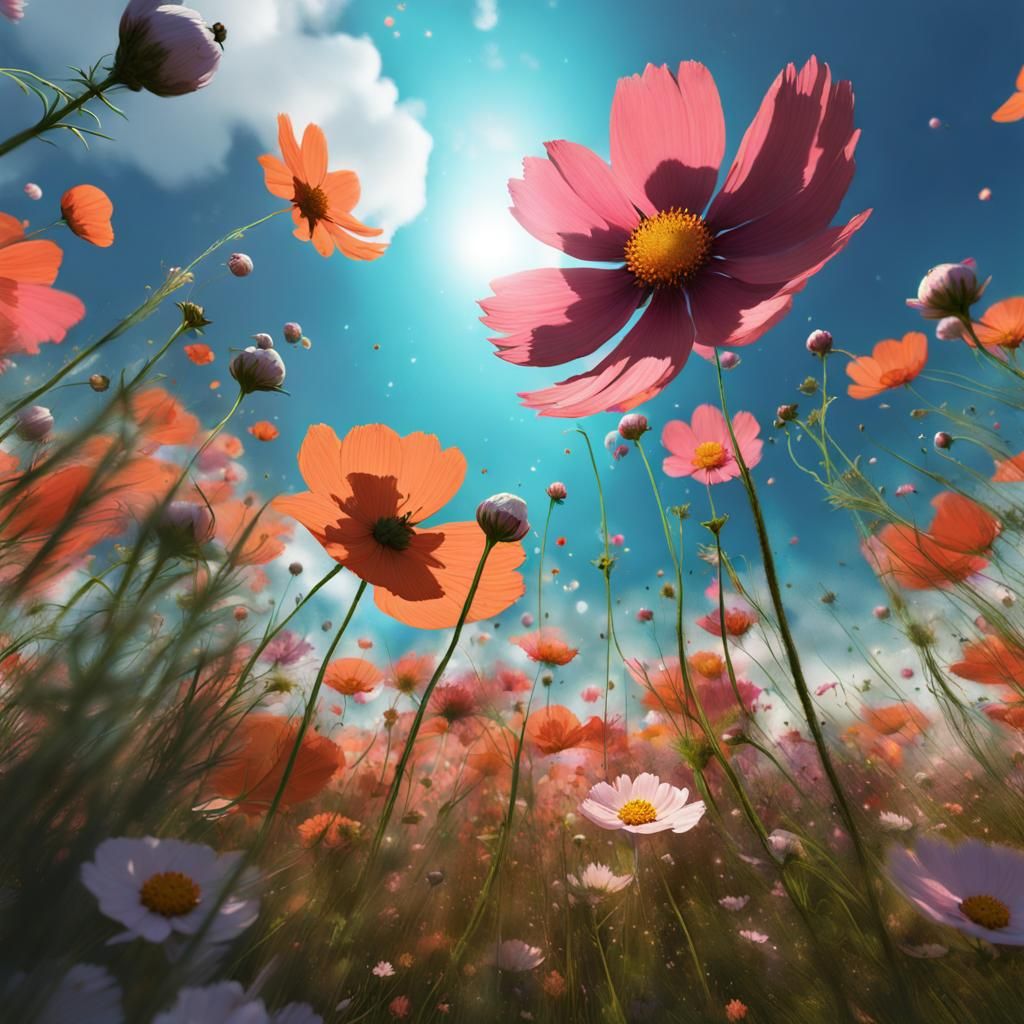 Cosmos Flower Field from a Bug's Perspective