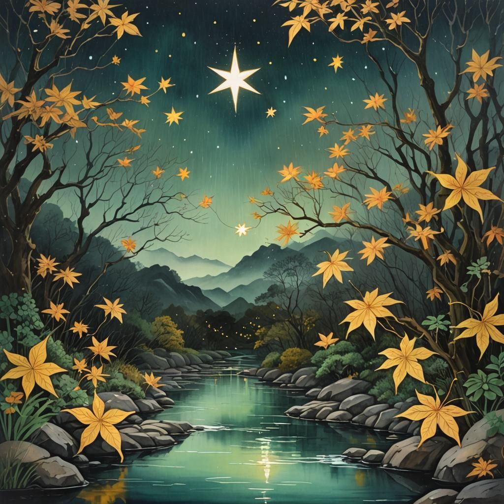 Autumn Night After Rain: Gouache Painting