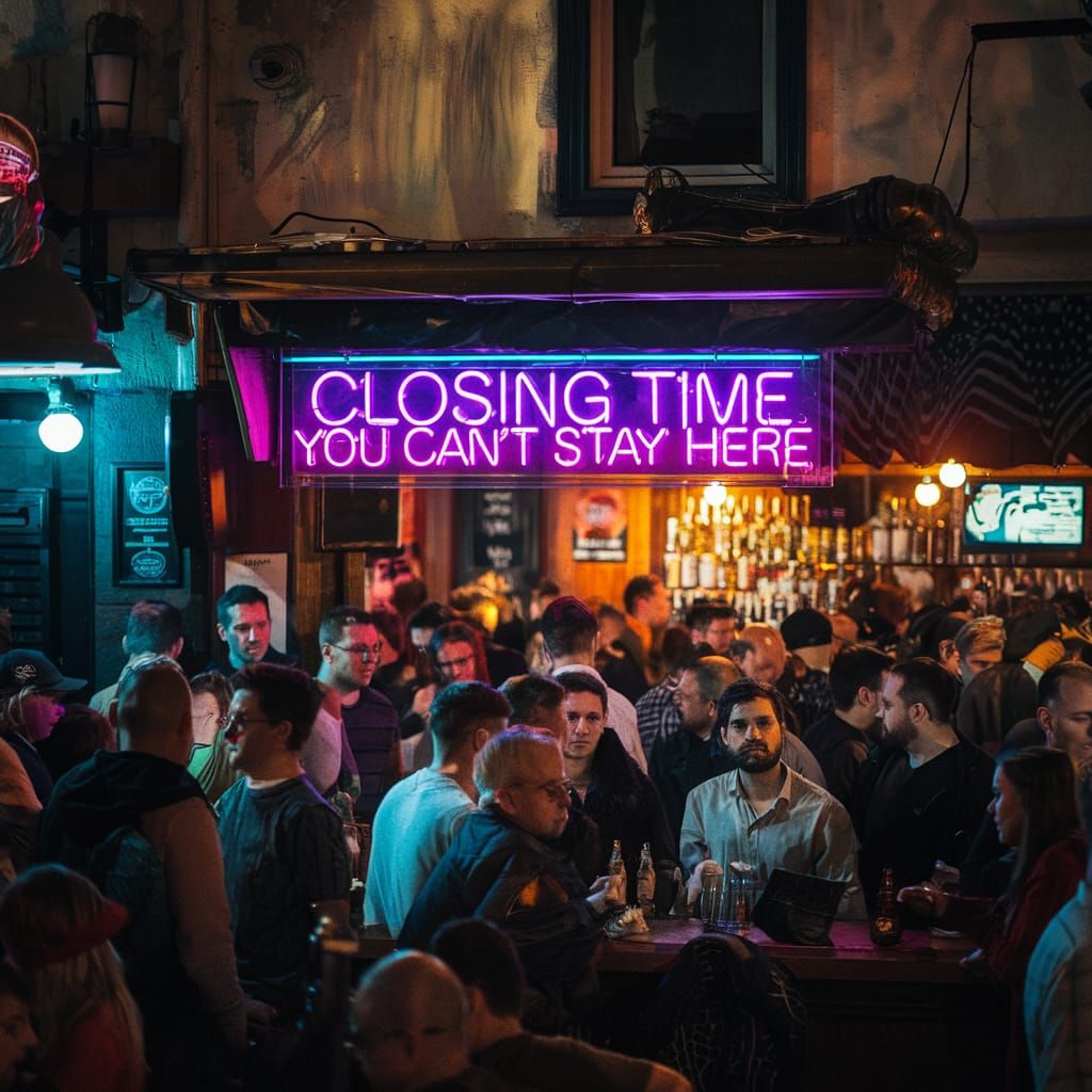 Crowded Bar at Night with Neon Sign