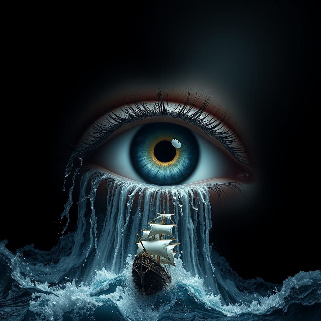Hyperrealistic Eye Cries Tears of Turbulent Oceans with Sail...