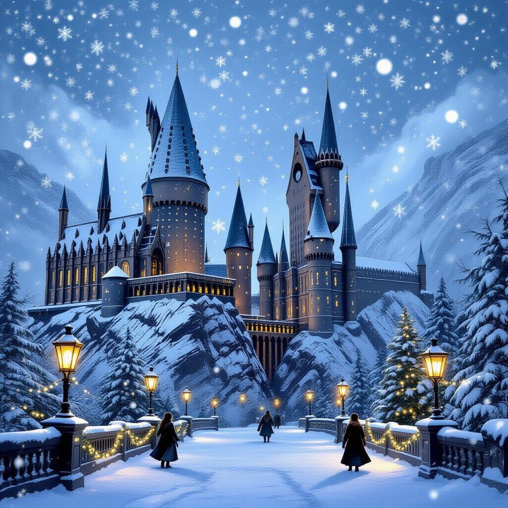 Hogwarts Castle Winter Wonderland in Fantasy Art Style
