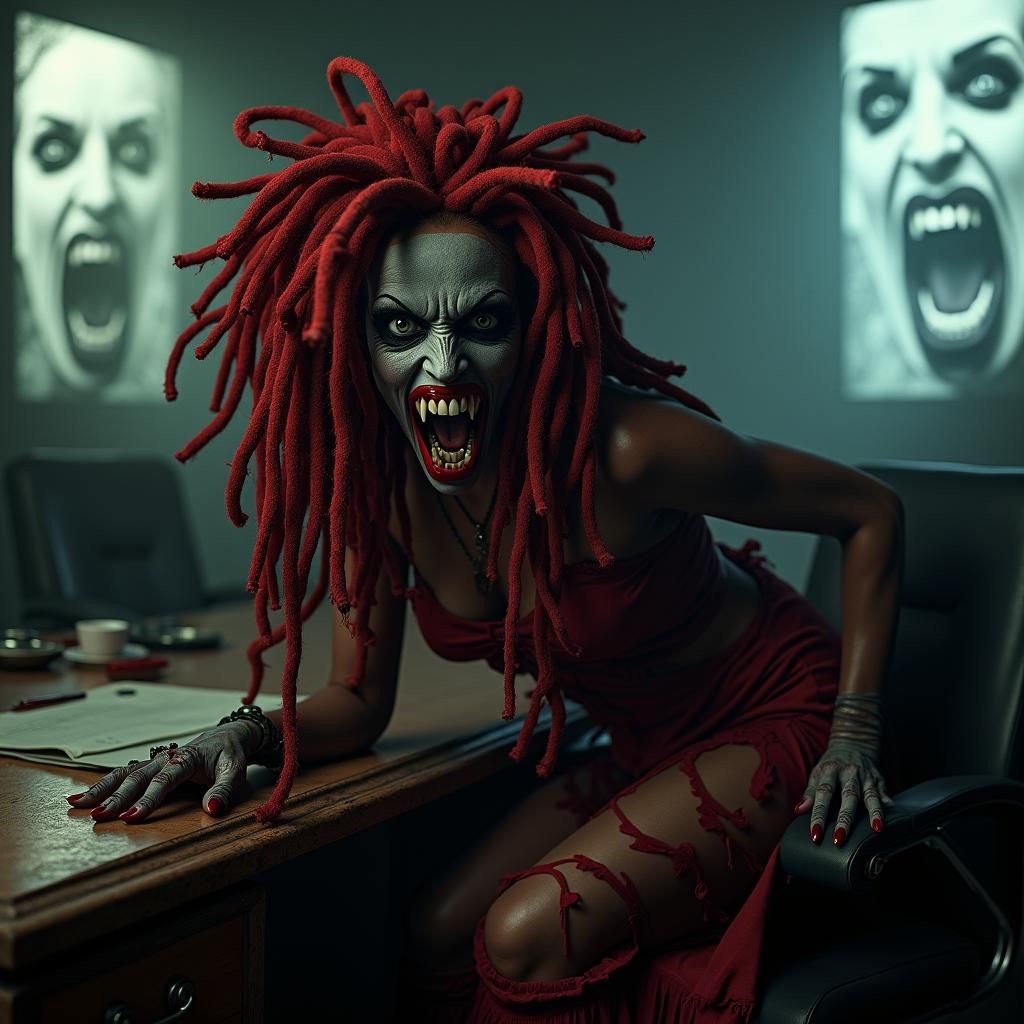 Menacing Afrocuban Witch in Eerie Office