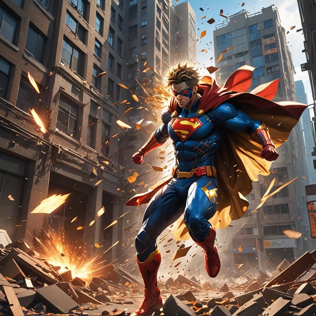 Superhero Destroys Building with Wind in Anime Style