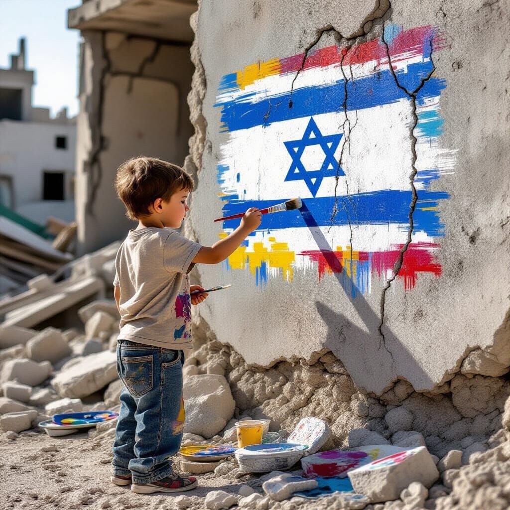 Child Draws Flag on War-Torn Wall