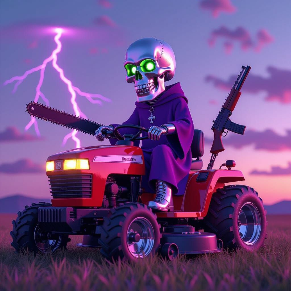 Pixar-Style Skull Lawn Mower Character in Lavender Sky