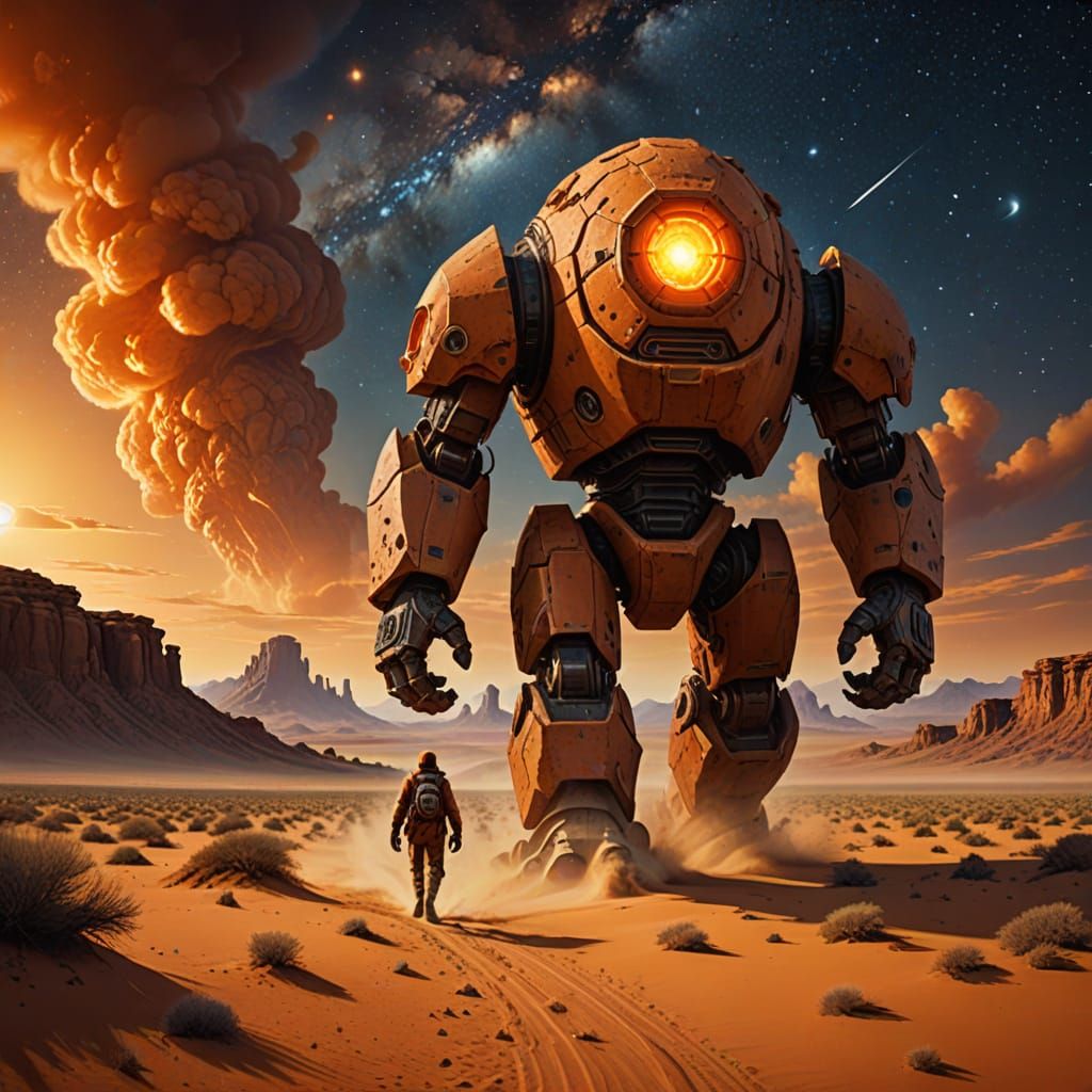 Majestic Orange Stone Golem Under Starlit Violet Desert Sky