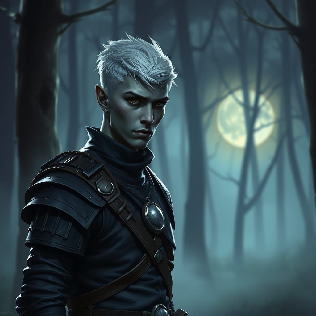 Drow Ranger in Misty Forest, Moonlit Fantasy Art