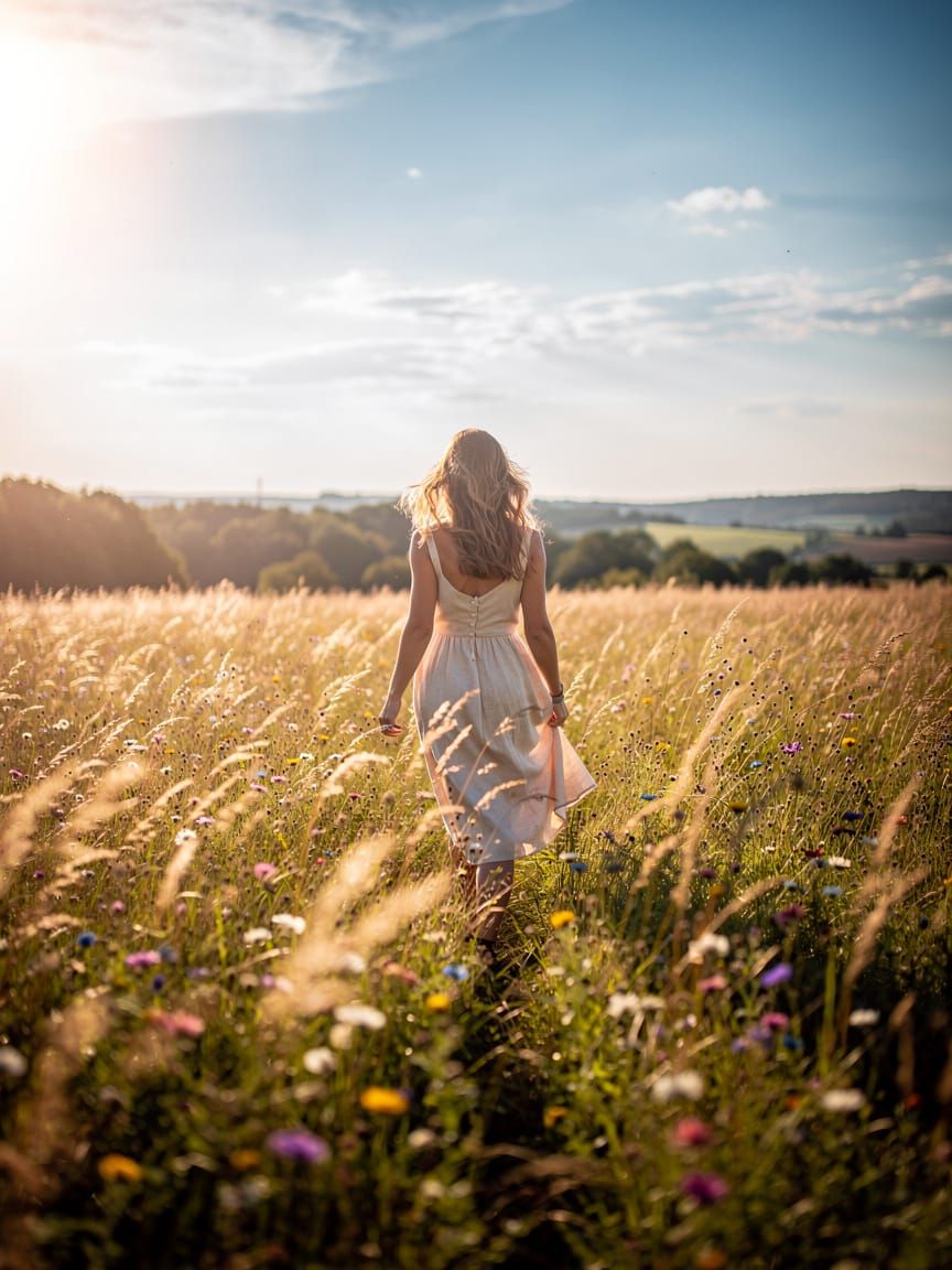 Woman Walking Through Sunlit Meadow