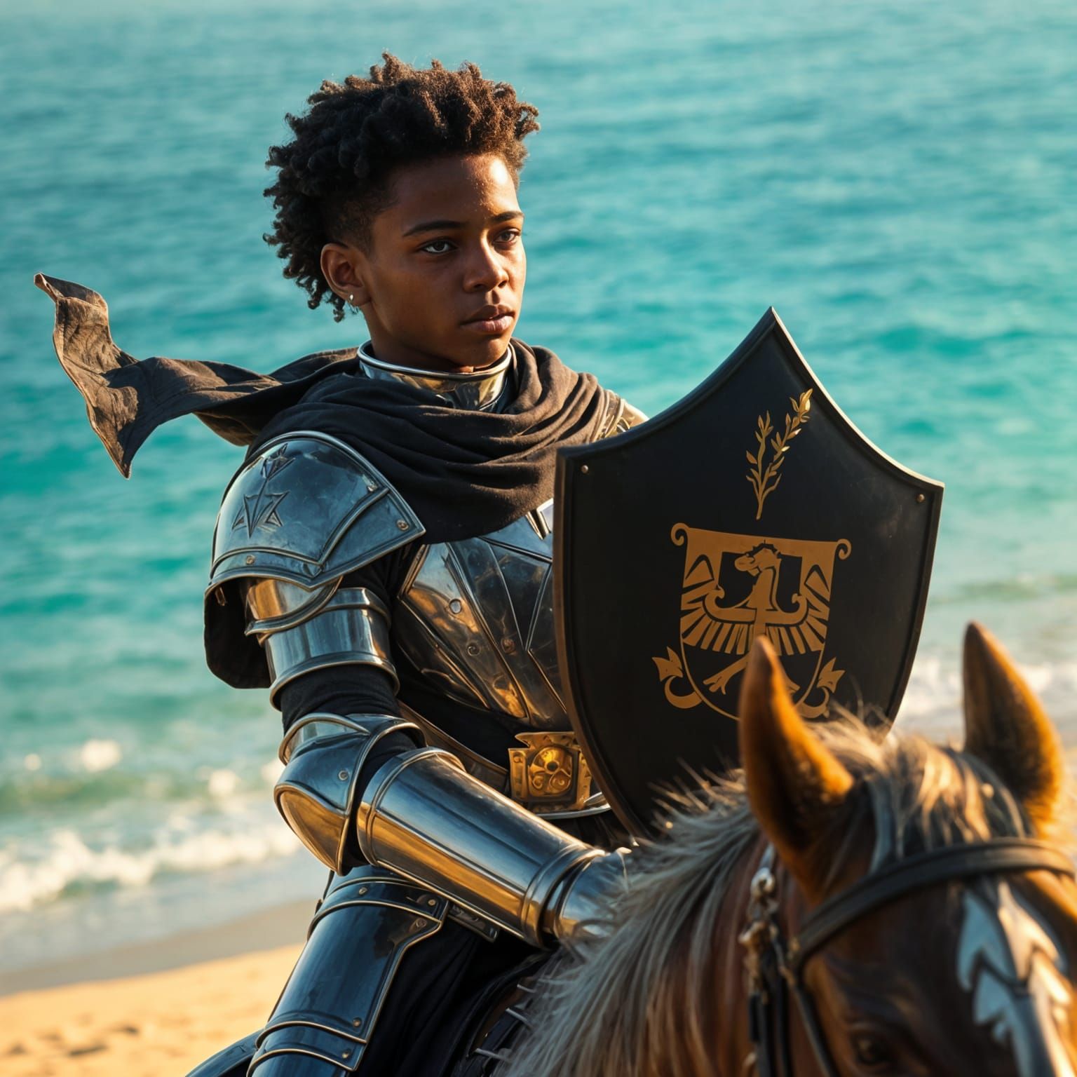 Young Black Knight on Horseback Near Ocean