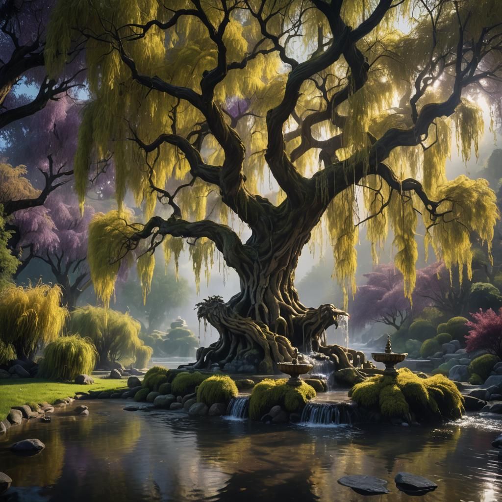 Fantasy Garden Stream with Willow Tree and Mountains