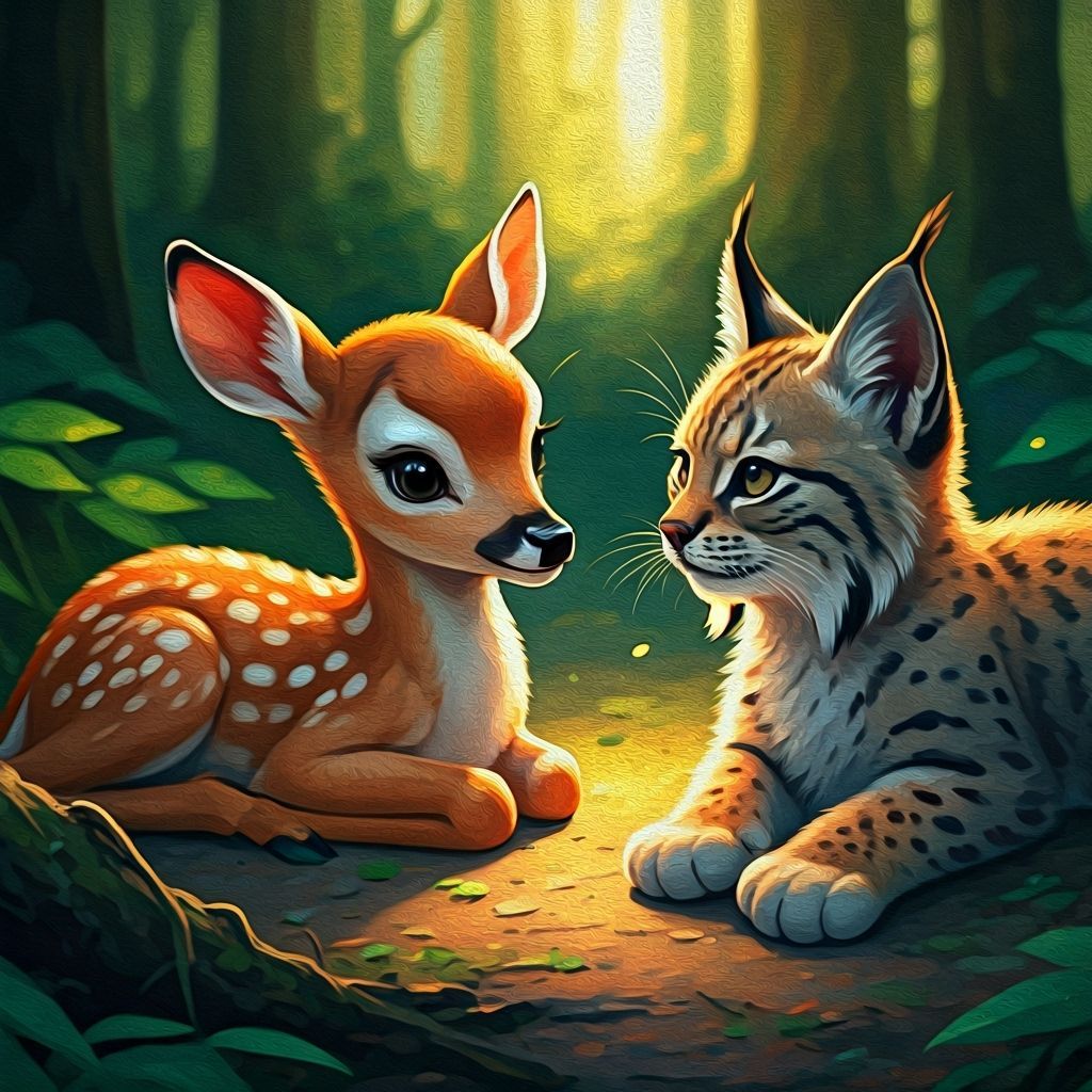 Deer Fawn and Lynx Kitten Friends in Forest