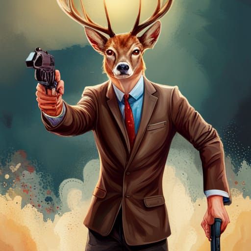Hyperrealistic Anthro Deer MI5 Agent Pointing Gun