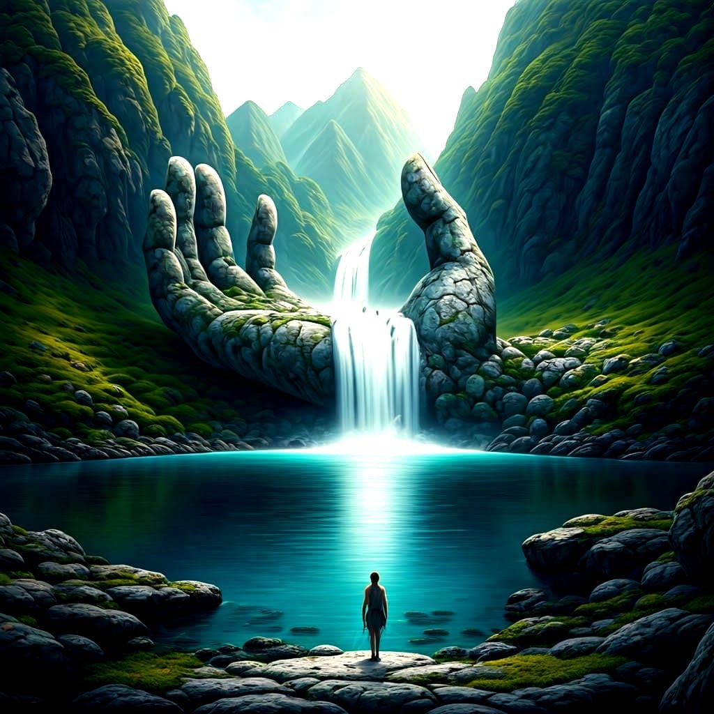 Surreal Stone Hand Waterfall in Fantasy Landscape
