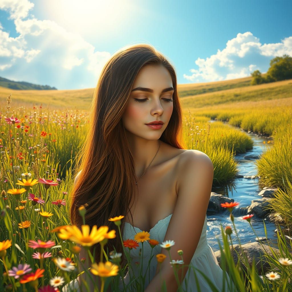 Serenely Contemplative Woman in Sunlit Meadow