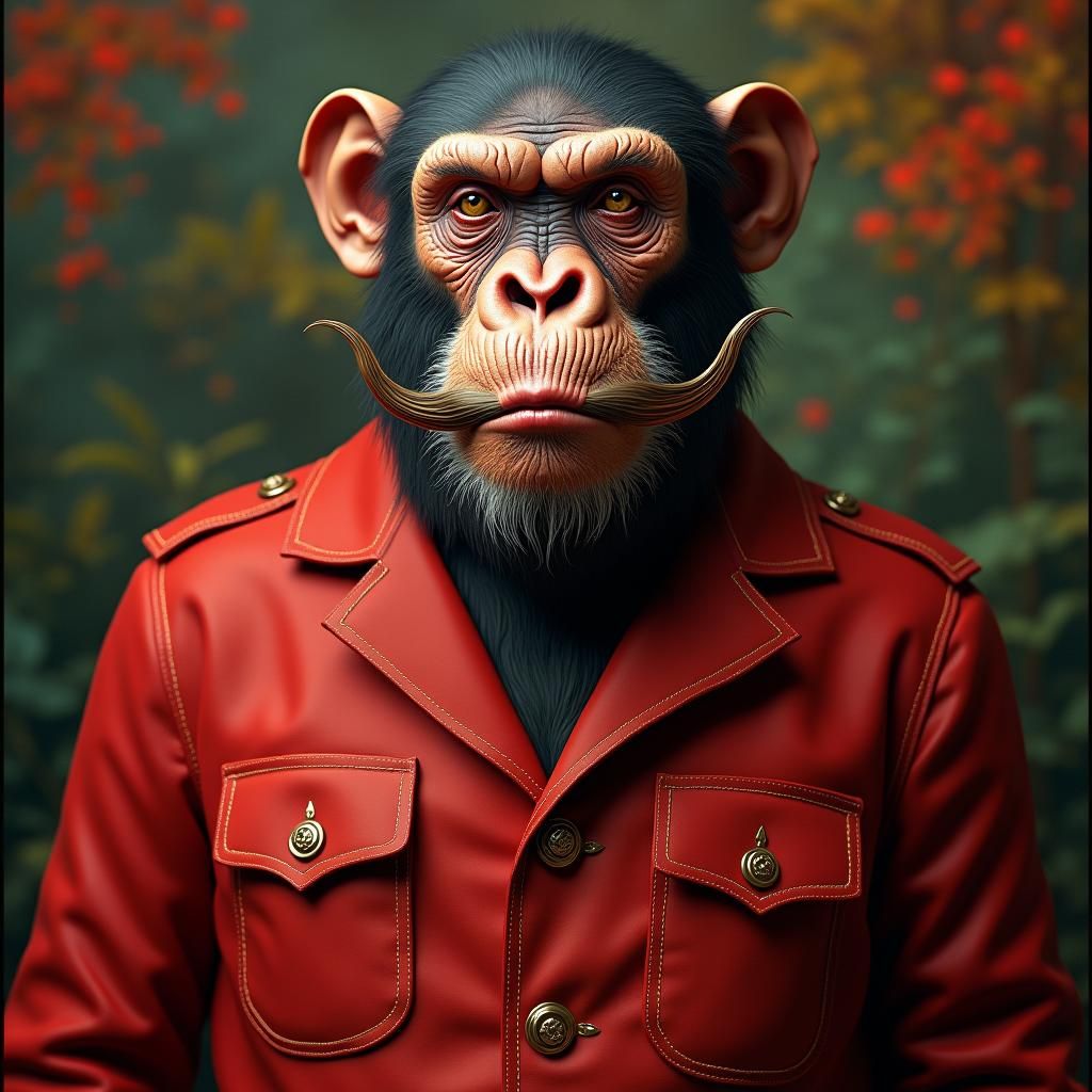 Ape Portrait with Dali Moustache in Red Overalls
