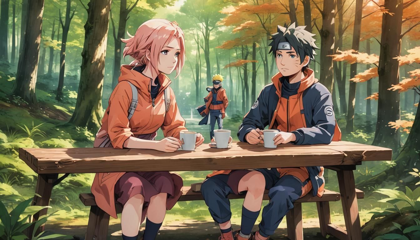 Sakura and Naruto Enjoy Coffee: Anime Watercolor Art