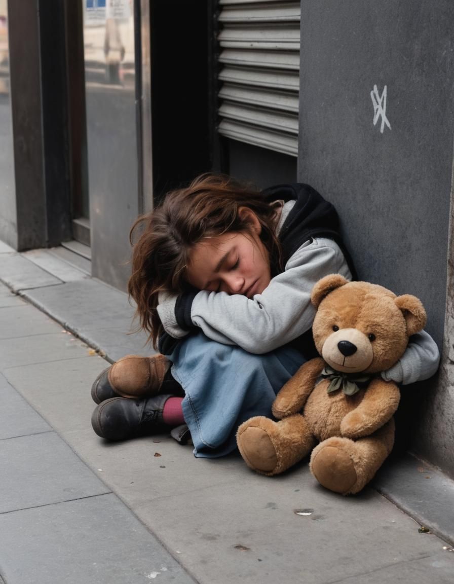 Homeless Girl Sleeping with Teddy Bear