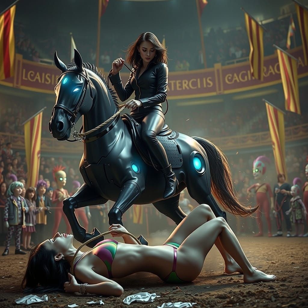 Heroine Tames Fierce Android Stallion in Futuristic Arena