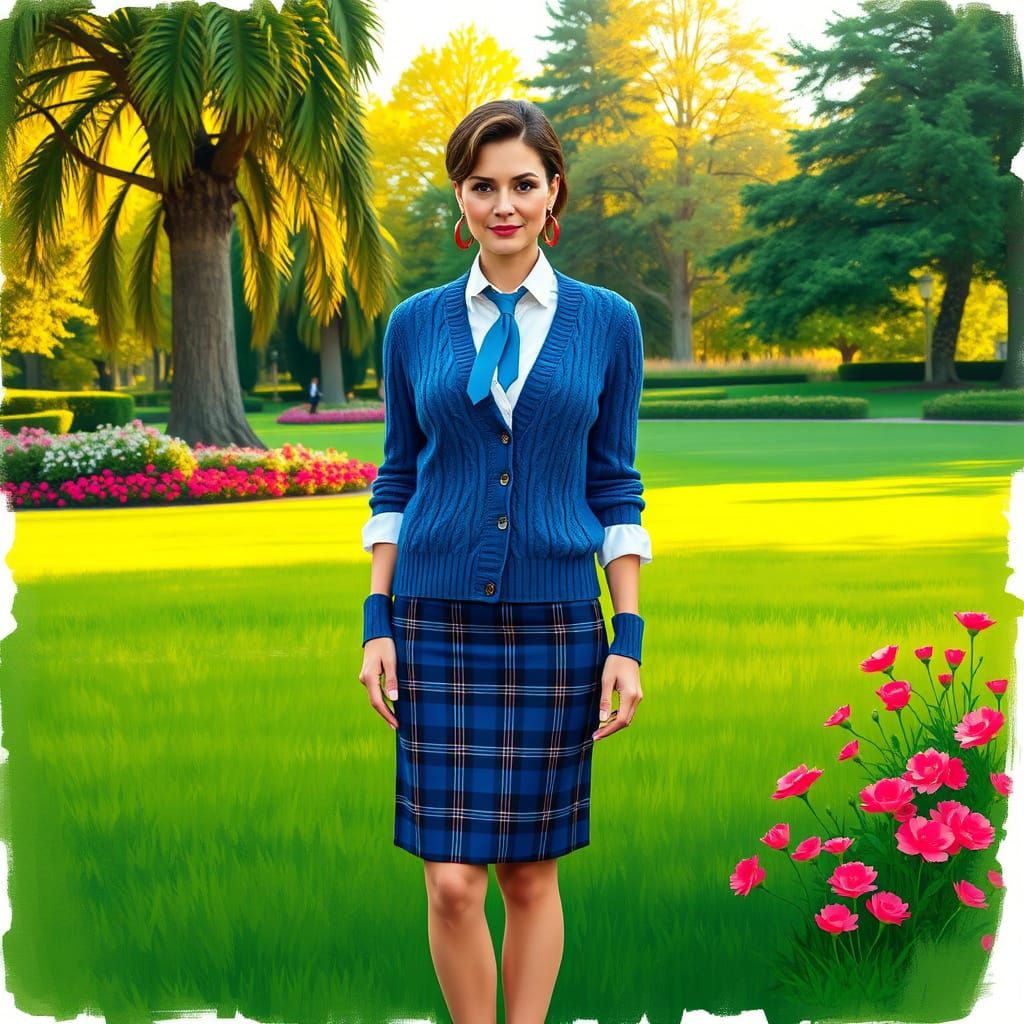 Elegant Woman in Blue Ensemble on Lush Green Lawn