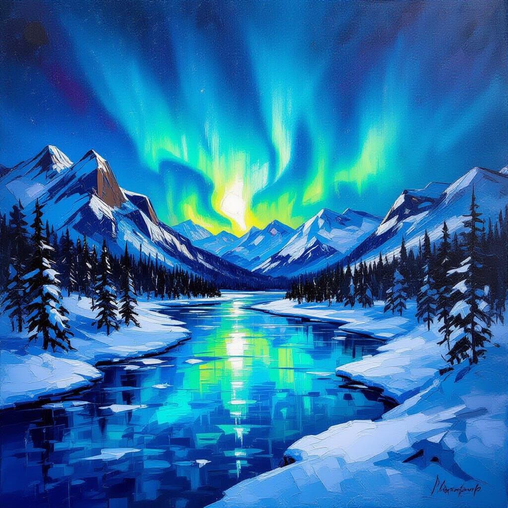 Frozen River Aurora in Impasto Style