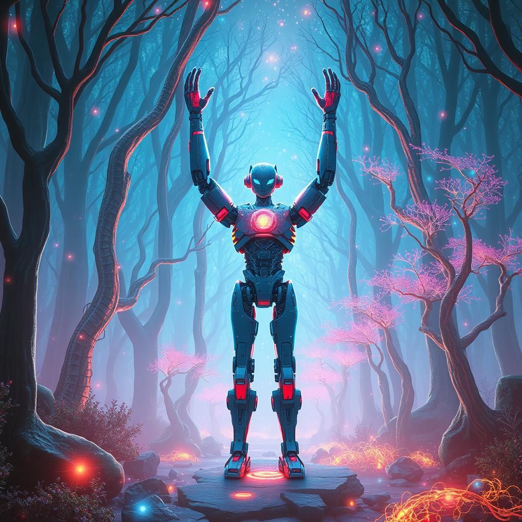 Robot in Ethereal Forest: Sci-Fi Concept Art