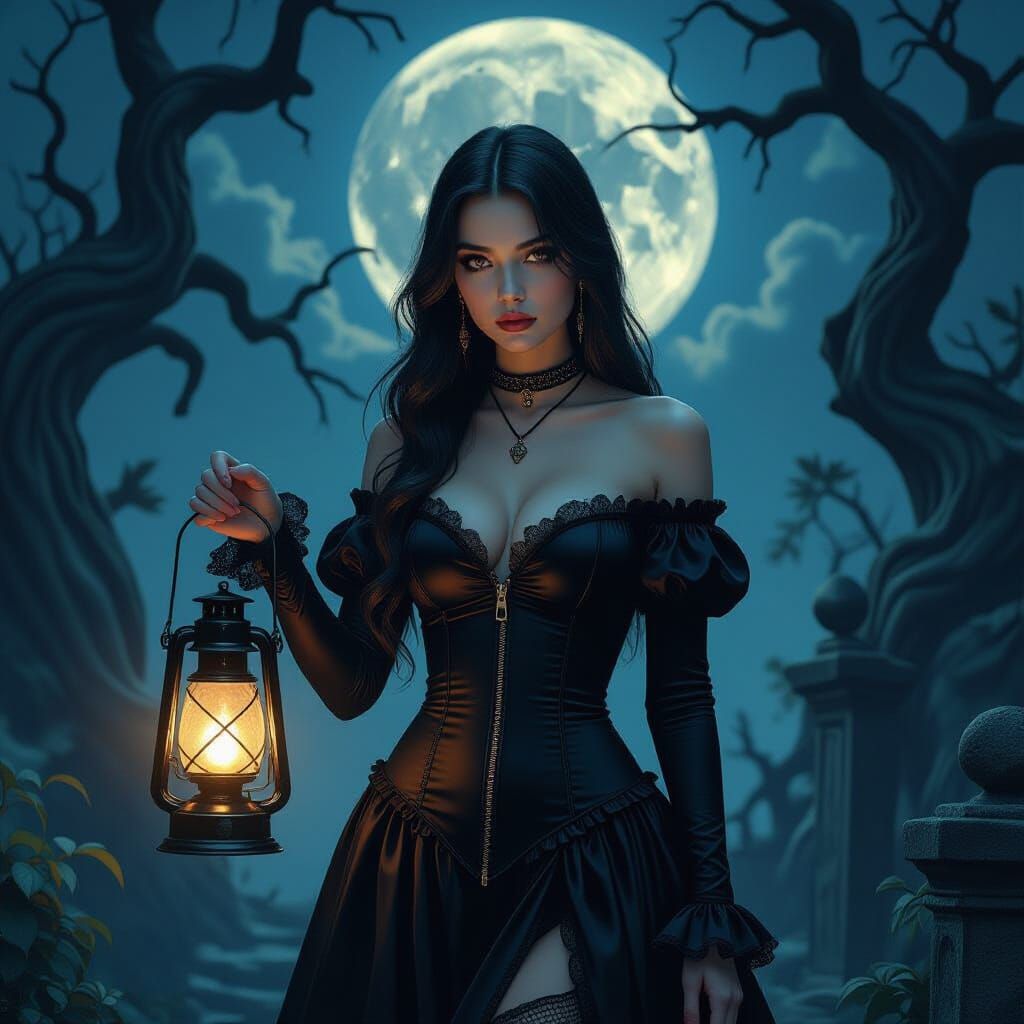 Gothic Teen Girl with Lantern in Moonlit Crypt