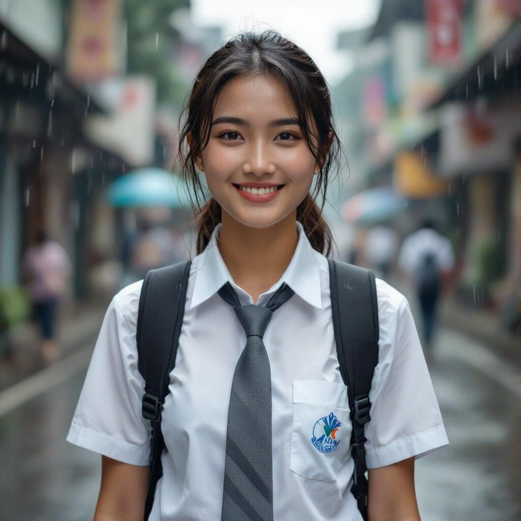Indonesian Student Laughing in Heavy Rain
