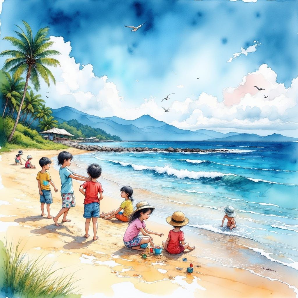 Singapore Children at Play: Impressionist Beach Scene