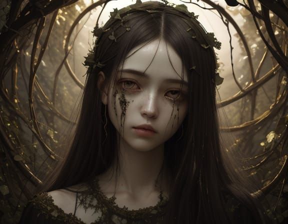 Unsettling Angel Tangled in Thorny Vines - Grunge Oil Painti...