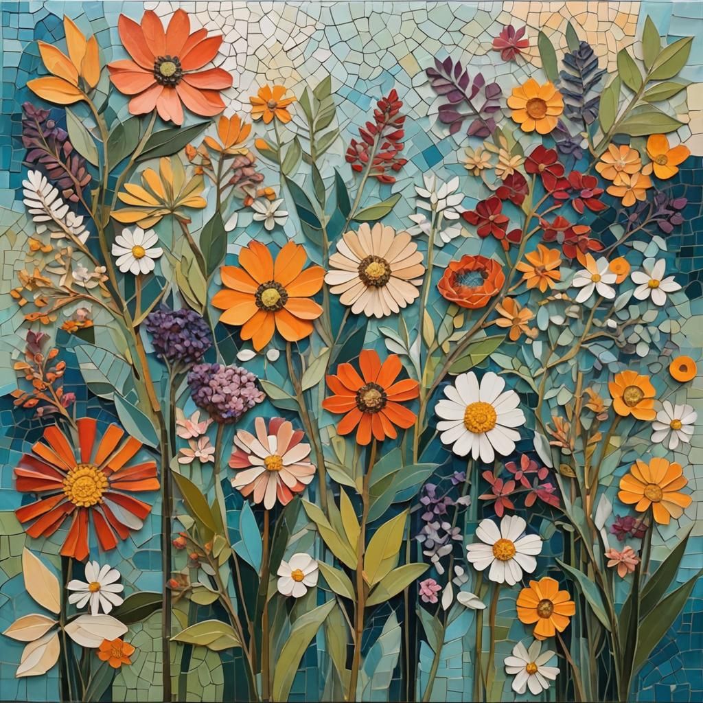 Deconstructed Floral Mosaic on Mixed-Media Canvas
