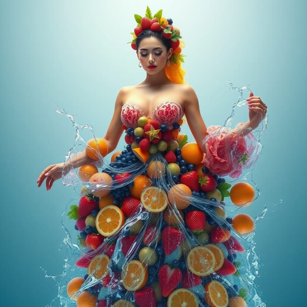Fruit and Water Woman in Hyperrealistic Style