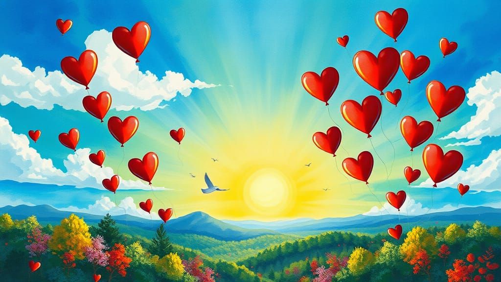 Whimsical Neo-Expressionist Watercolor Landscape with Heart-...