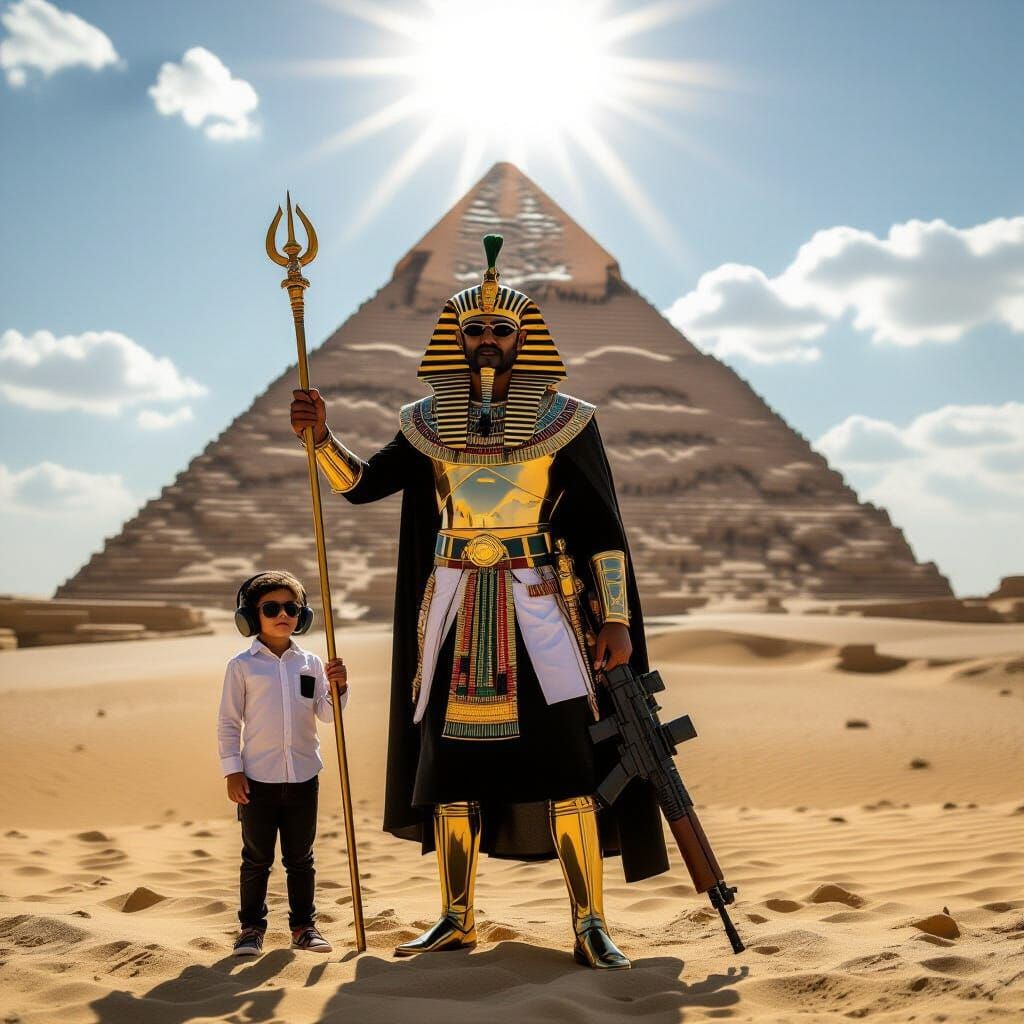 Egyptian Warrior with Boy in Desert Landscape