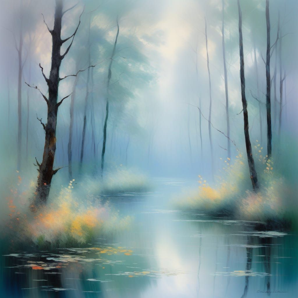 Misty Forest Serenity: Impressionist Style Painting