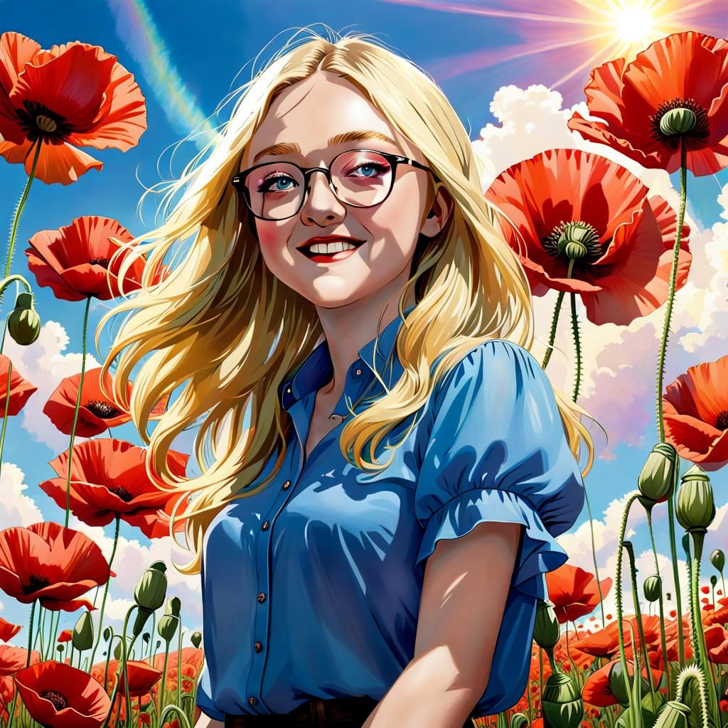 Dakota Fanning in Poppy Field, Sunlight and Flowers