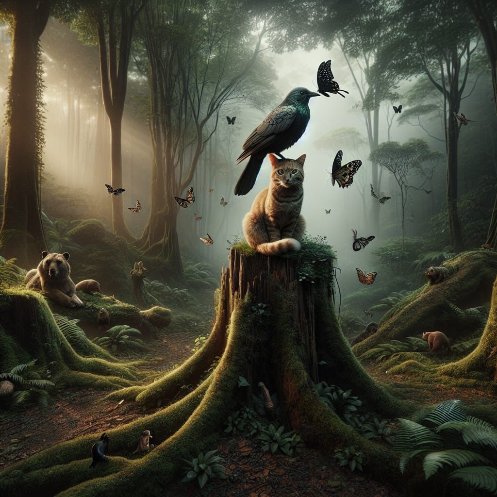 Bird and Cat: Hyperrealistic Forest Scene