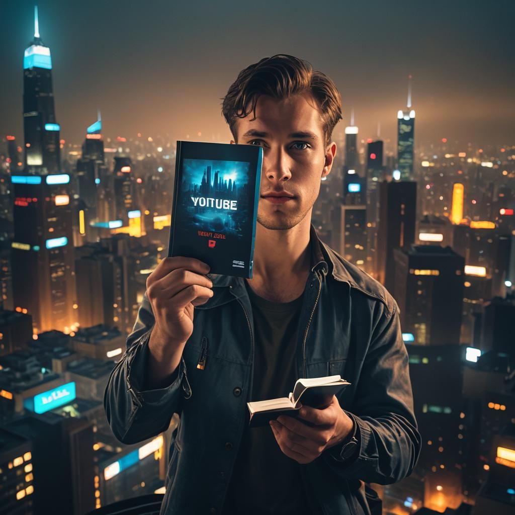 Cinematic YouTube Book in Cityscape, Film Noir Style