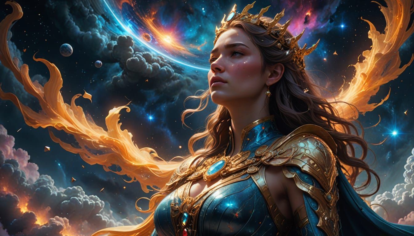 Celestial Goddess Weeping Tears of Light in Nebula