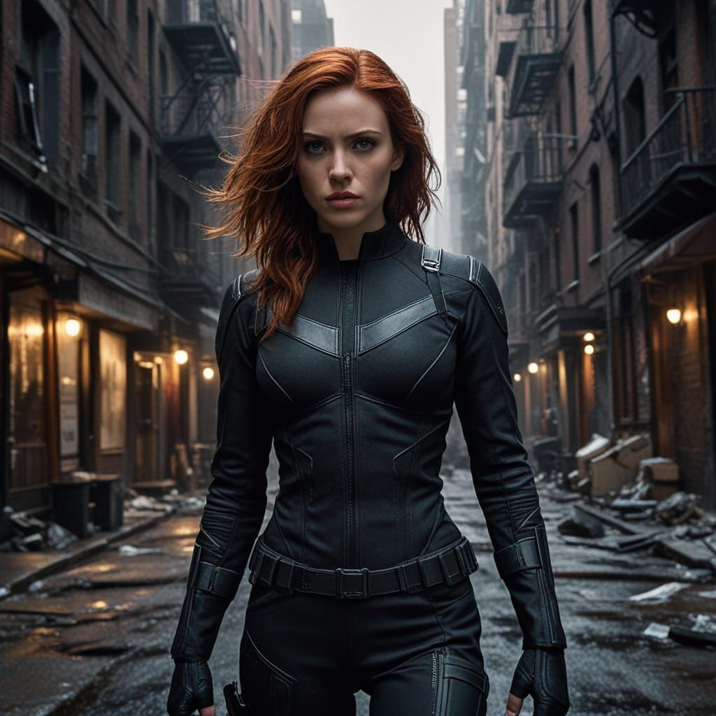 Gritty Black Widow in Dark Alleyway