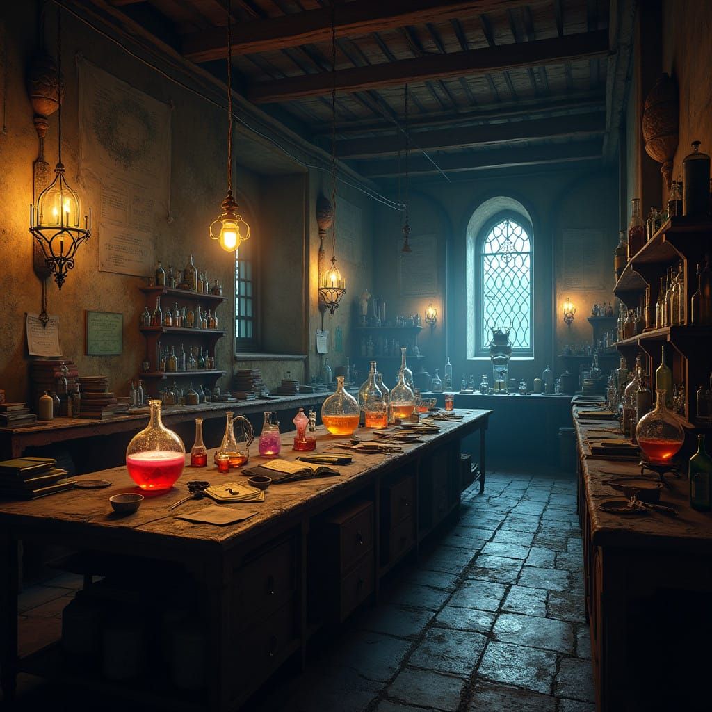 Mysterious Alchemical Laboratory in Warm, Golden Light