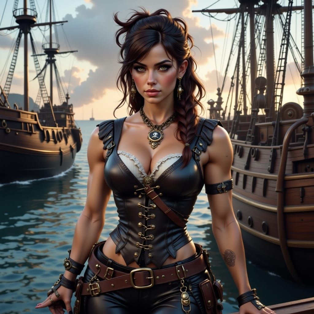 Pirate Woman wearing Leather Corset.