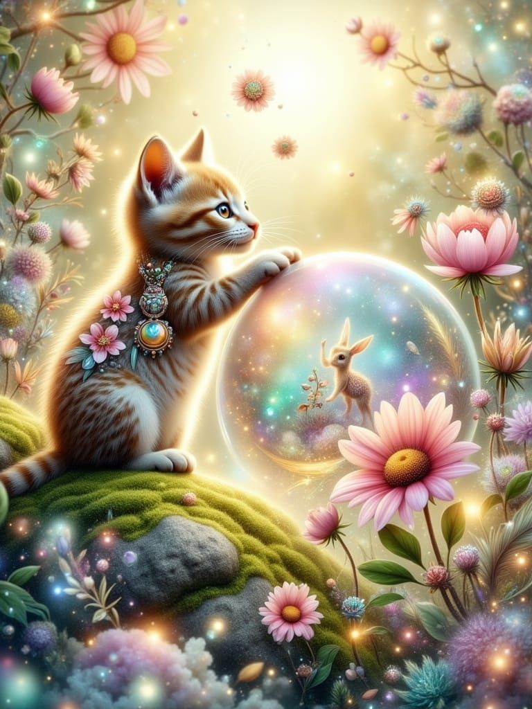 Kitten Plays With Fantastical Soap Bubble in Dreamlike Glade