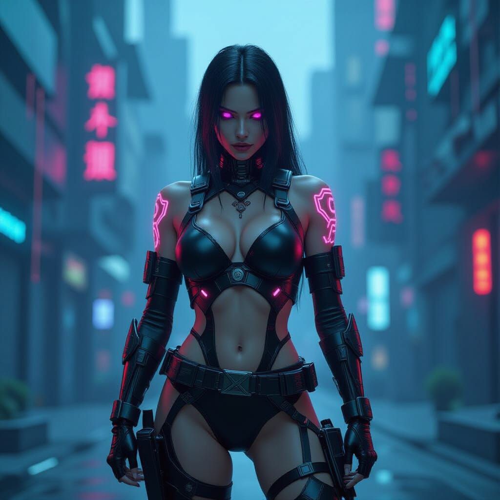 Hyperrealistic Cyberpunk Supervillain in Digital Cityscape