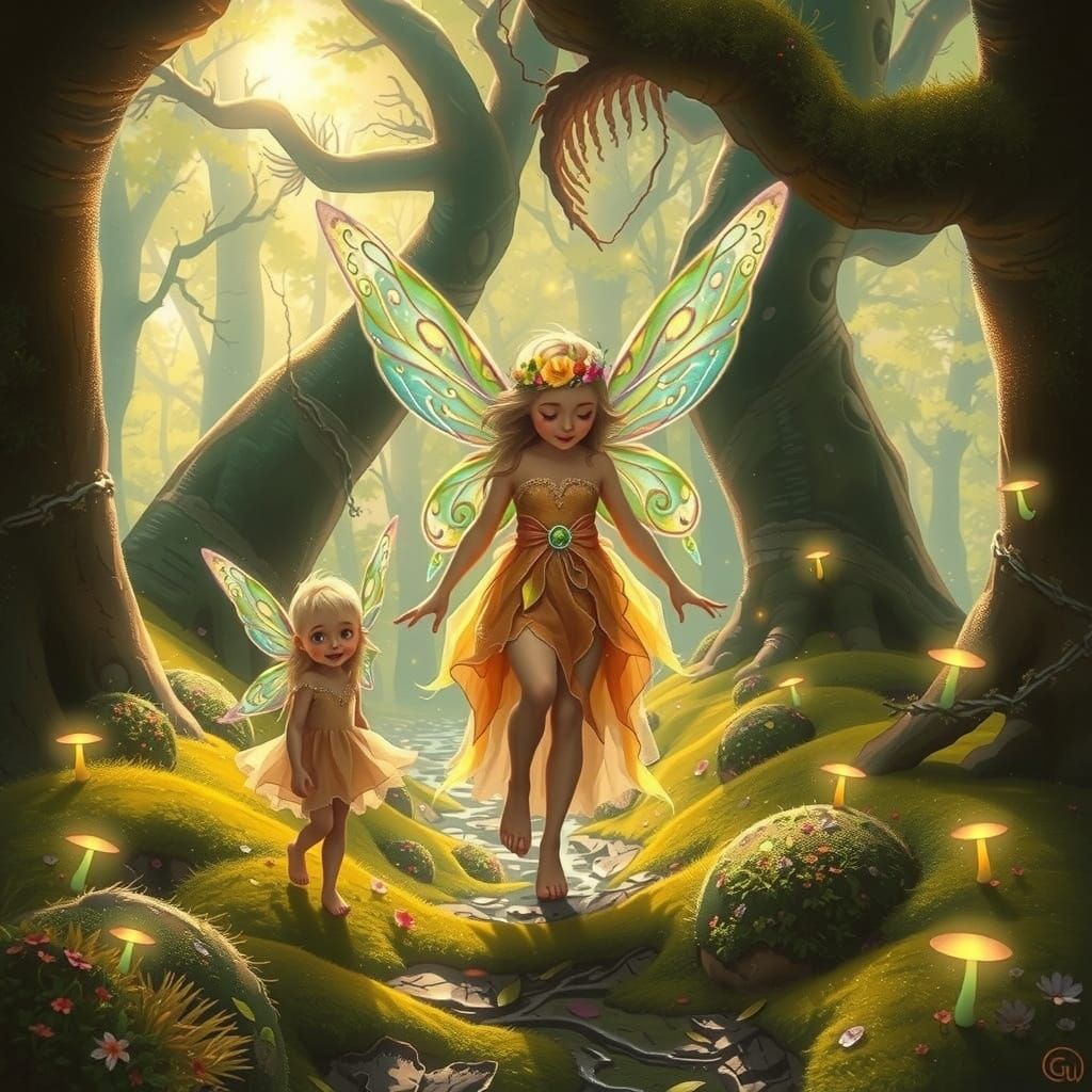 Whimsical Fairy and Children in Enchanted Forest Glade